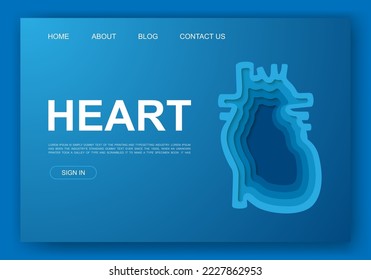 Heart 3d paper cut website template. Cardiology paper cut illustration. Internal organ symbol for landing page, advertising page.