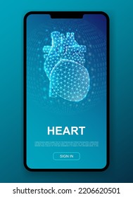 Heart 3d Polygonal Symbol For UI, UX Design Template. Low Poly Cardiology Illustration For Mobile Homepage App Design. Organ Illustration Concept.