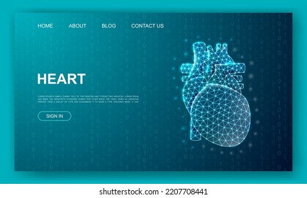 Heart 3d polygonal website template. Cardiology design illustration concept. Low poly Internal organ symbol for homepage, promotion banner design.