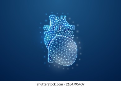 Heart 3d symbol in blue low poly style. Cardiology, human transplantation design concept illustration. Internal organ polygonal wireframe.