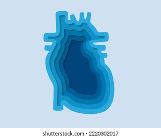 Heart 3d symbol in paper cut style. Cardiology, human transplantation design. Internal organ cut out of paper banner.