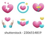 Heart 3d vector icon set. Broken heart, care, fixing heart, hands, heart wings, hearts. Isolated on white background. 3d icon vector render illustration.