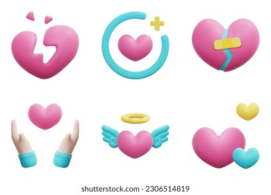 Heart 3d vector icon set. Broken heart, care, fixing heart, hands, heart wings, hearts. Isolated on white background. 3d icon vector render illustration.