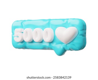 Heart and 5000 followers symbols in inflated balloon speech bubble vector icon. 3D glossy social media notification, chatting box with love and like sign. Volume dialog message blue frame, feedback