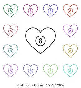 Heart with 8 ball billiards multi color style icon. Simple thin line, outline vector of heartbeat icons for ui and ux, website or mobile application