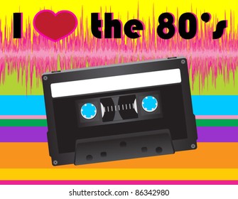 I Heart the 80's with Retro Cassette Tape and Rainbow Background