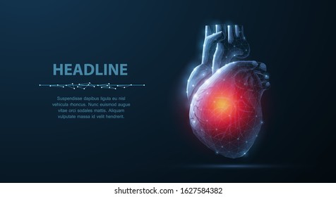 Heart. Abstract 3d vector human heart isolated on blue. Anatomy, cardiology medicine, organ health, medical science, life healthcare, cardio illness concept illustration or background