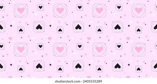 Heart in abstract aura. Y2k Valentine's Day seamless pattern. Cosmic love background. Black and purple hearts and stars on pastel pink surface. Horizontal vector romantic retro illustration.