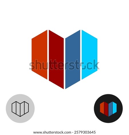 Heart abstract geometric technical logo. Heart shaped industrial, construction or building colorful minimalistic symbol. Plain colors and line versions. Adjustable stroke.