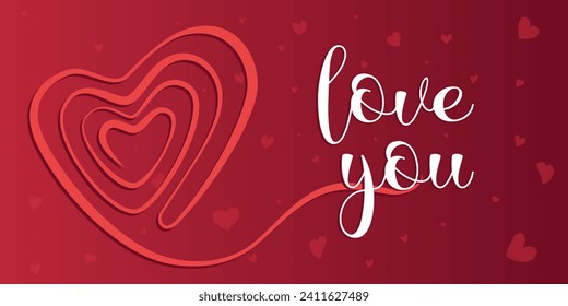 Herz in abstrakten Linien und rotem Hintergrund, mit Text, den ich liebe, Vektordesign für den Valentinstag