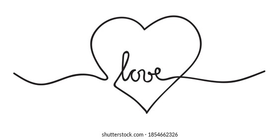 Heart. Abstract love symbol with handwritten text. Continuous line art drawing vector illustration.