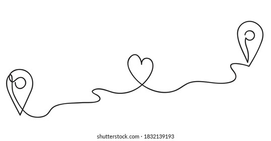 Heart  Abstract love symbol  Traffic route between two loving people  Geolocation signs   trip plan trace and heart symbol  Continuous line art drawing vector illustration