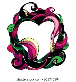 Heart and abstract pattern, color vector illustration, red and green, bright print for t-shirt or bag, Tattoo, valentines day