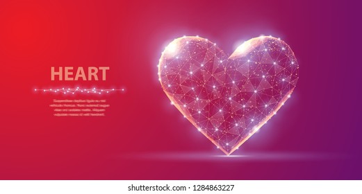 Heart. Abstract polygonal heart isolate on red and Violet background with dots and stars. Valentine day, wedding celebration, heart health, happy romantic, medical care, love Concept illustration