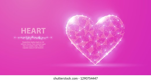 Heart. Abstract polygonal heart isolate on pink background with dots and stars. Valentine day, wedding celebration, heart health, happy romantic, medical care, love Concept illustration