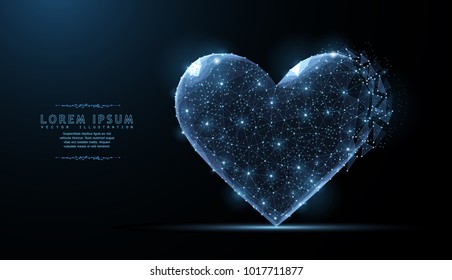 Heart. Abstract polygonal wireframe mesh art with crumbled edge on blue night sky with dots, stars and looks like constellation. Valentine day, greeting, health, Concept illustration or background