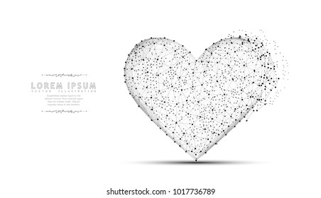 Heart. Abstract polygonal wireframe mesh art with crumbled edge and dots isolated on white. Valentine day, greeting, health, Concept illustration or background