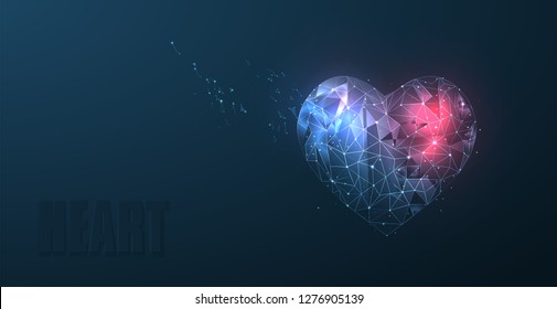Heart. Abstract polygonal wireframe mesh art with crumbled edge on blue and red night sky with dots, stars and looks like constellation. Valentine day, greeting, health, background