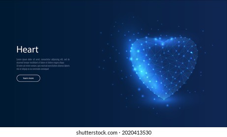 Heart. Abstract polygonal wireframe mesh art with crumbled edge on blue night sky with dots, stars and looks like constellation. Valentine day, greeting, health, background	