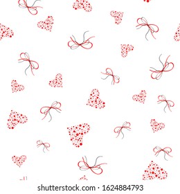 Heart abstract seamless background with red hearts and bows for cards, banner, posters, wallpapers, textile, surface design, wrapping papers, packaging. Vector illustration