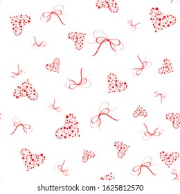 Heart abstract seamless background with red hearts and bows for cards, banner, posters, wallpapers, textile, surface design, wrapping papers, packaging. Vector illustration
