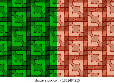 Patrón abstracto del corazón sin fisuras en base cuadrada. Textura transparente con fantasía de formas. El fondo de color verde y blanco es fácil de cambiar. Vector 10