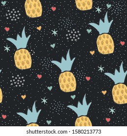  Heart Abstract Seamless Pattern with pineapples. Modern Digital Design. Modern Fashion Scandinavian Style. Contemporary Colors and Design.