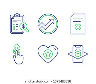 Heart, Accounting report and Delete file line icons set. Swipe up, Audit and Augmented reality signs. Star rating, Check finance, Remove document. Touch technology. Technology set. Vector