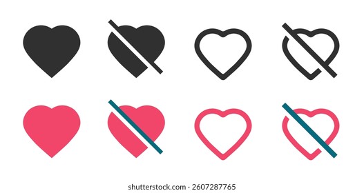 Heart add like remove dislike icon vector graphic illustration set ui interface button element, favorite unfavorite web web sign symbol pictogram line stroke solid outline image clip art