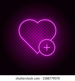 Heart, add, plus vector icon. Element of simple icon for websites, web design, mobile app, info graphics. Pink color. Neon vector on dark background