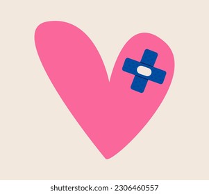 Heart with adhesive plaster. Love concept. Broken heart concept. Colorful vector illustration
