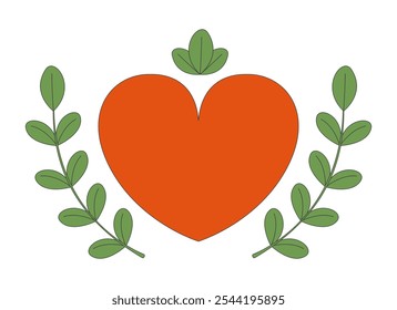 Corazón adornado por ramitas deja objeto de dibujos animados 2D. Ternura botánica. Hojas de amor. Ornamento verde elemento aislado romántico natural Clipart de Vector plano sobre fondo blanco. Ilustración de punto