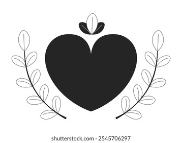 Corazón adornado por ramitas hojas blanco y negro objeto de línea 2D. Ternura botánica. Hojas de amor. Ornamento verde romántico aislado Clip arte Vector esbozo elemento. Ilustración de punto monocromático