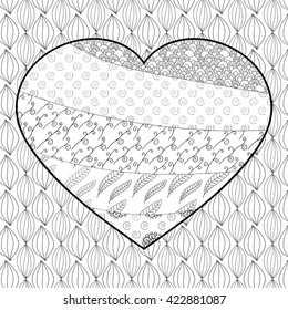 Heart adult coloring book page. Whimsical line art. Zentangle vector illustration.