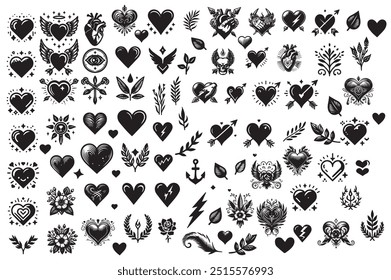 heart aesthetic set. Tattoo art signs of 2000s style. Y2k symbols