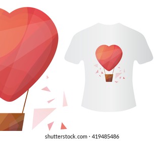 Heart air ballon T-shirt concept. Vector illustration for print, textile, web, party invitations and clothes. Low polygon style