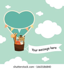 Heart air balloon with cute little giraffe, teddy bear and little fox
