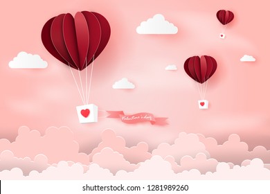 Heart air balloon made origami float over blue sky,Paper art style.