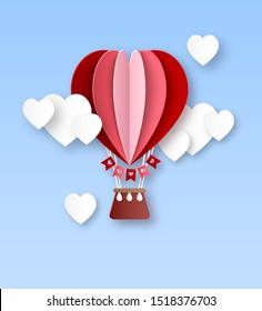 Heart air balloon. Paper cut hot air balloon with white clouds in heart shape happy valentines day invitation card vector 3d celebrate romantic concept