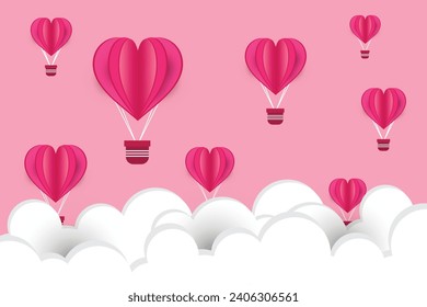 Heart air balloon. Paper cut hot air balloons origami made heart shape. Valentines day greeting invitation card