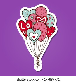 Heart air balloons batch. Paper sticker imitation. Vector card concept. Romantic tender design