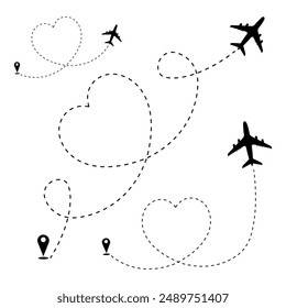 Heart airplane dotted line path. Love Airplane route in heart dashed lines, form, love aircraft way with location pin