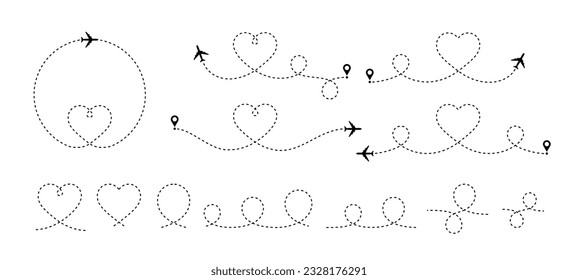 Heart airplane. Plane with dashed line in heart shape, travel love Valentine day romantic concept. Honeymoon journey, aircraft trip vector stroke editable set. Different flight route with curves