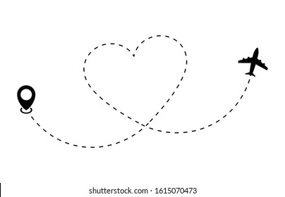 Heart airplane route. Plane and track icon on a white background. Vector illustration