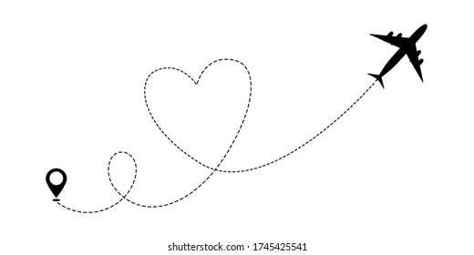 Heart airplane travel route line for romantic journey concept. Vector illustration