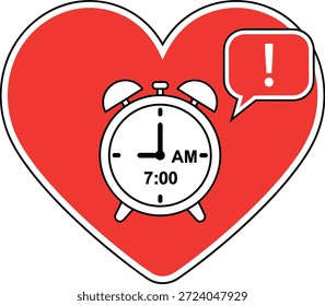 Ilustração do ícone do lembrete do despertador do coração, conceito do alerta do tempo do amor, símbolo da notificação da manhã, projeto do negrito plano, isolado no fundo branco