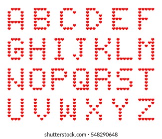 Heart alphabet, font set, red isolated on white background, vector illustration.
