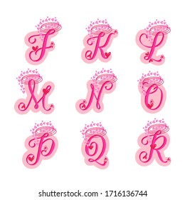 Heart alphabets. Jklmnopqr characters. Pink letters collection. Love is in the air. Romantic script font. Heart rings pattern. Vector illustration.