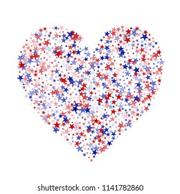 Heart of American Patriotic Stars Confetti. 4th of July Pattern Design. Liberty Patriotic Texture. Business Presentation Stars Background.