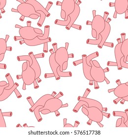 Heart anatomy body seamless pattern. Atrial and ventricular pattern. Veins and arteries background. Anatomical texture